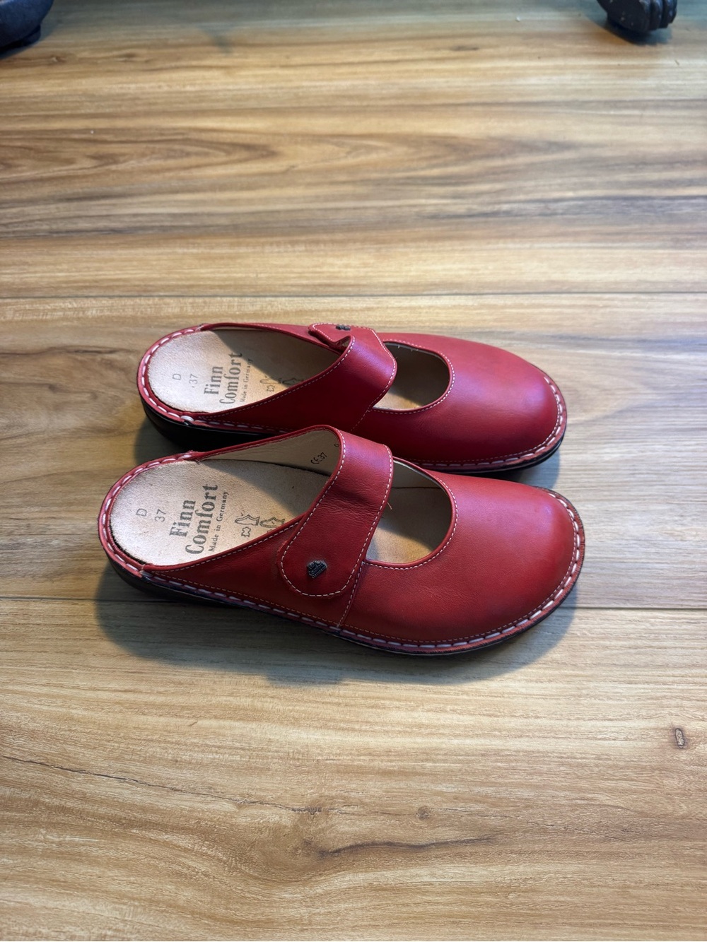 Finn Comfort Red Leather Mary Jane Clog Mules with Adjustable Strap